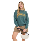 Model wearing Los Angeles Print Hunter Green Long Sleeve Knit Top