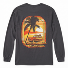 A dark charcoal gray long-sleeve t-shirt with a large retro-style graphic on the front. The graphic features a sunset beach scene with a palm tree, a vintage station wagon carrying surfboards, and the text 'Santa Monica California'.