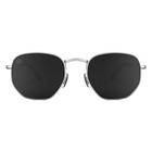 A pair of modern square sunglasses with a thin silver metal frame and dark gray lenses, shown against a plain white background.