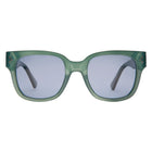 Green sunglasses with light blue lenses on a white background