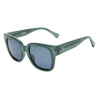 Green sunglasses with a brand logo on a white background