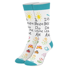 Pair of socks with colorful designs and text on a white background