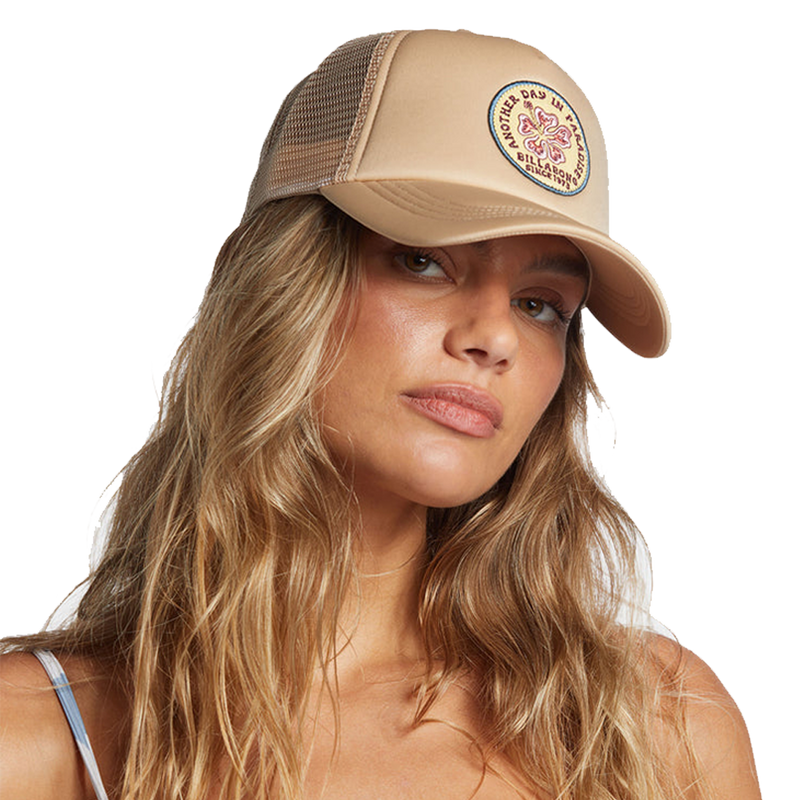 Model wearing Billabong Across Waves Trucker Hat Khaki