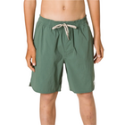 A person wearing sage green swim trunks with a cream-colored drawstring, shown from the waist to mid-thigh against a light gray studio background.