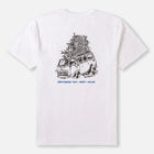 White t-shirt with a graphic of a van and luggage on the back, on a white background
