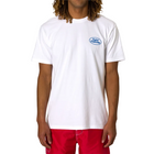 A person wearing a white short-sleeve crewneck t-shirt with a blue oval 'Kappa Kappa Sigma' logo on the left chest, paired with bright red shorts, against a light gray background.