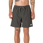 A man wearing dark gray swim trunks with a brown drawstring, shown from the waist down against a light gray background.
