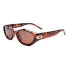 Sunglasses with tortoiseshell frame and brown lenses on a white background