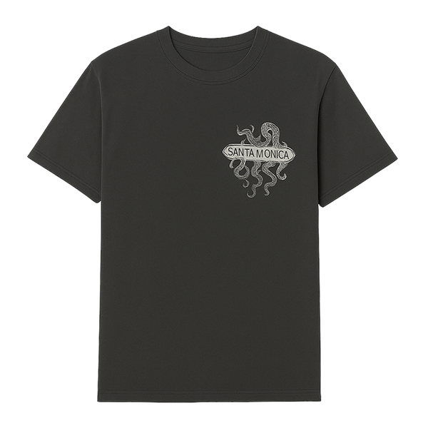 Santa Monica Kraken with Surfboard Tee - Black Front