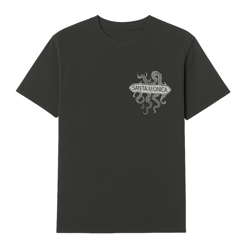 Santa Monica Kraken with Surfboard Tee - Black Front