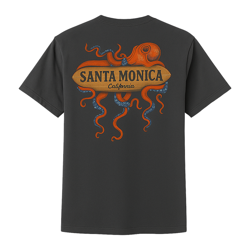 Santa Monica Kraken with Surfboard Tee - Black (Back)
