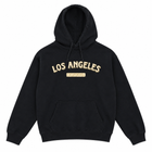 A black pullover hoodie with 'LOS ANGELES' and 'CALIFORNIA' printed in gold on the chest, displayed against a solid white background.