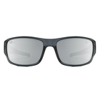 A pair of wrap-around sunglasses with a matte black frame and silver mirrored lenses, shown from the front on a white background.
