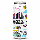 A white insulated can cooler tumbler with a stainless steel lid and base, decorated with colorful hand-drawn illustrations of the Los Angeles skyline, a surfboard, a van, a Ferris wheel, and text reading 'CALIFORNIA ANGELES NICE'.