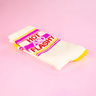 Socks with 'Hot and Flashy' text on a pink background