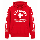 Red hoodie with 'Lifeguard Santa Monica California' text and logo on a white background