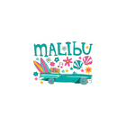Colorful 'Malibu' design with a vintage car, surfboard, and flowers on a white background
