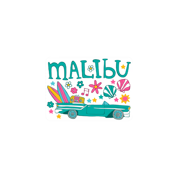 Colorful 'Malibu' design with a vintage car, surfboard, and flowers on a white background