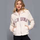 Long Sleeve California Embroidery Faux Fur Hoodie - Ivory