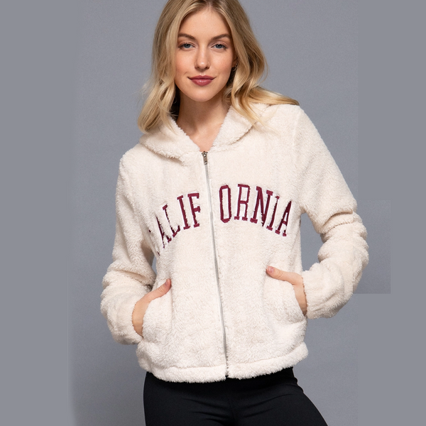 Long Sleeve California Embroidery Faux Fur Hoodie - Ivory