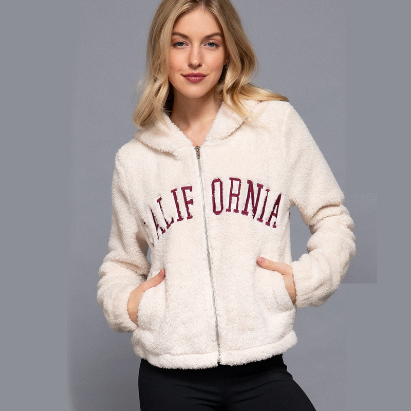 Long Sleeve California Embroidery Faux Fur Hoodie - Ivory