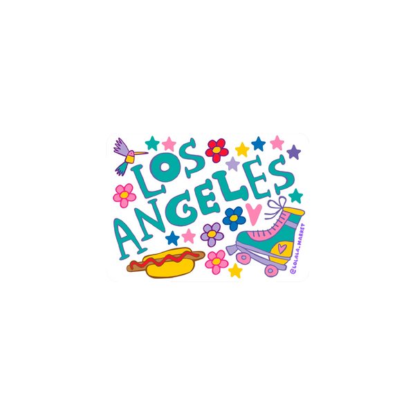 Colorful 'Los Angeles' text with cartoon elements on a white background