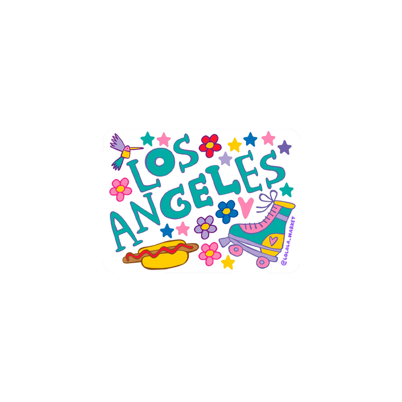 Colorful 'Los Angeles' text with cartoon elements on a white background