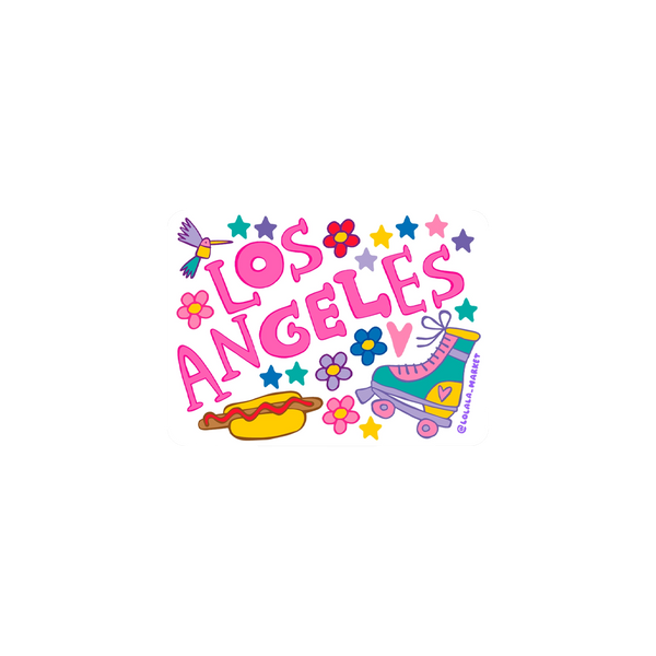 Colorful 'Los Angeles' text with cartoon elements on a white background