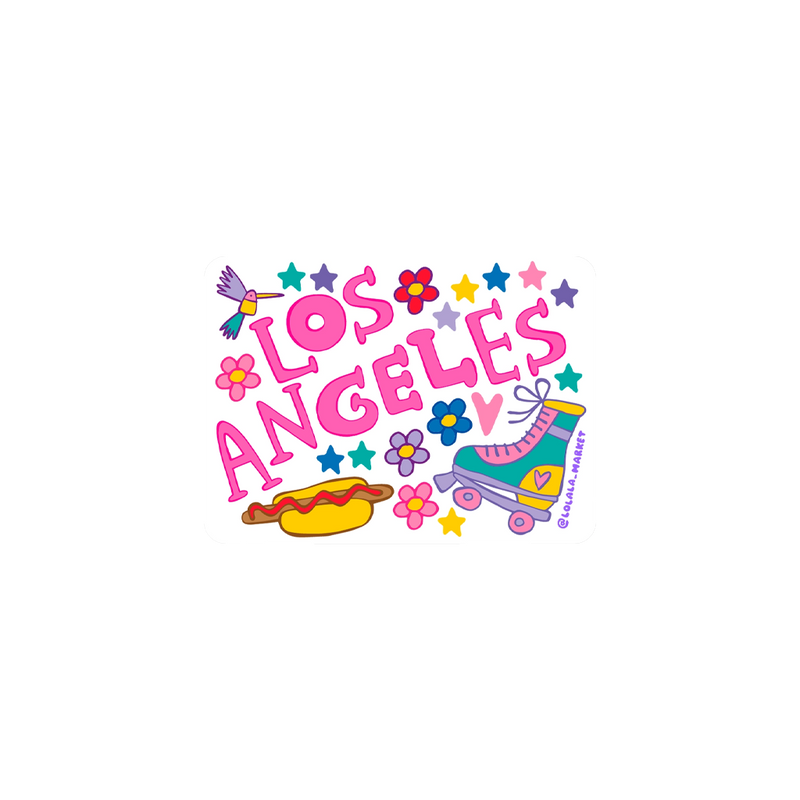 Colorful 'Los Angeles' text with cartoon elements on a white background