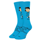 Blue socks with lucy character design on a white background