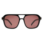 Black sunglasses with pink lenses on a white background