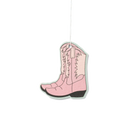 Pink cowboy boot air freshener on a white background