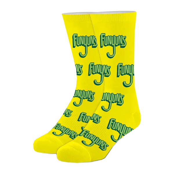 Yellow socks with green text on a white background