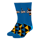 Blue sock with geometric pattern and 'Doritos' branding on a white background