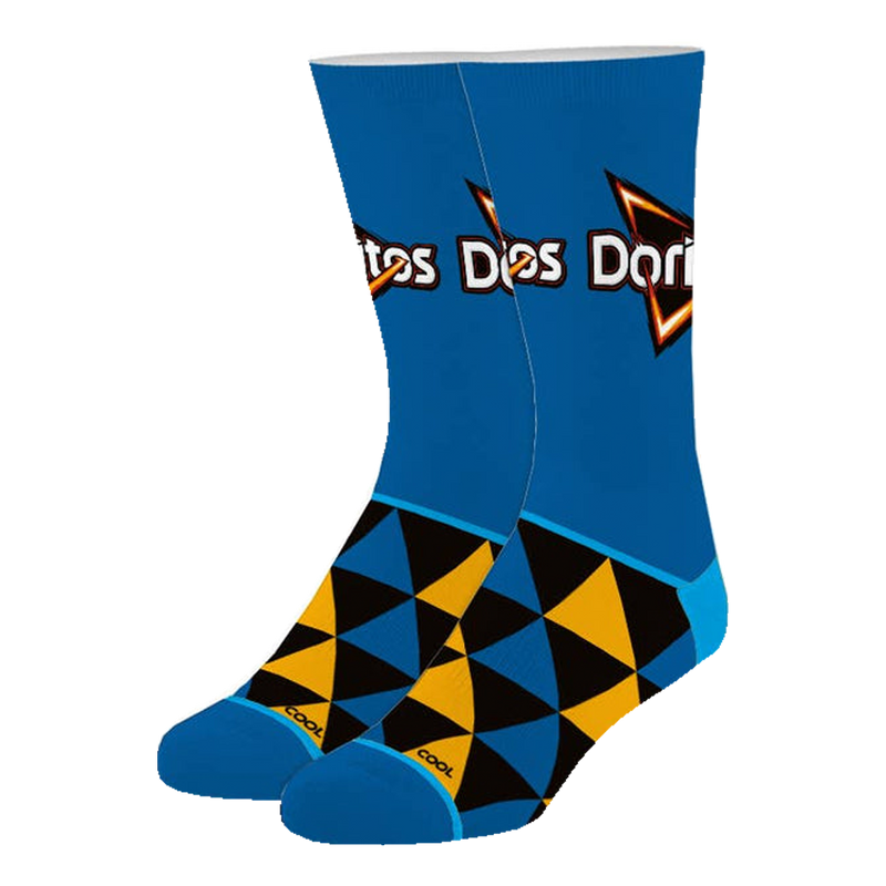 Blue sock with geometric pattern and 'Doritos' branding on a white background