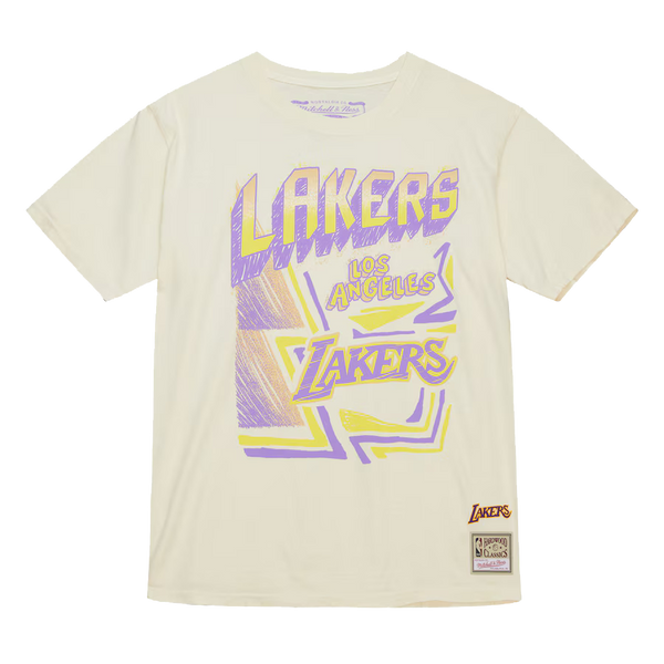 Men's Cream Los Angeles Lakers Hardwood Classics Sidewalk Sketch T-Shirt Front