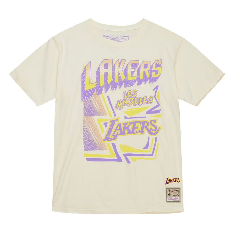 Men's Cream Los Angeles Lakers Hardwood Classics Sidewalk Sketch T-Shirt Front