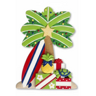 Decorative Christmas ornament with palm tree, surfboard, pineapple, and presents on a white background