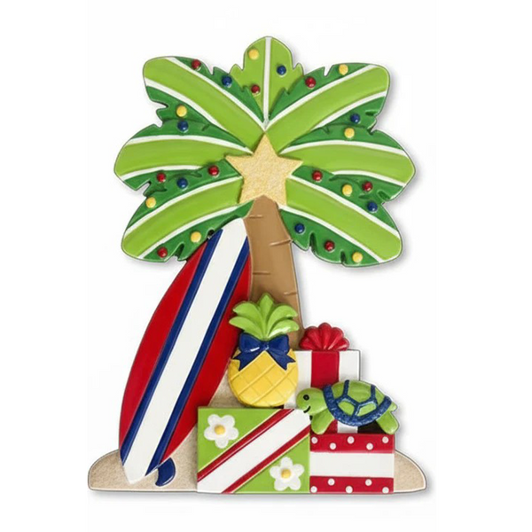 Decorative Christmas ornament with palm tree, surfboard, pineapple, and presents on a white background