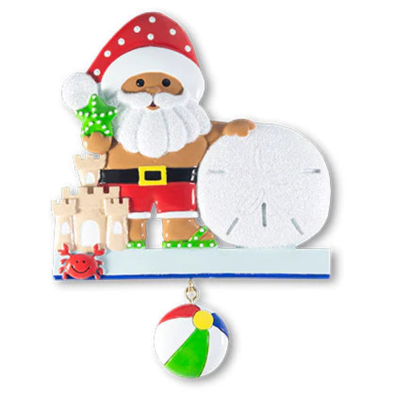 Decorative ornament featuring a beach-themed Santa Claus with sandcastle, sand dollar, crab, and beach ball on a white background.