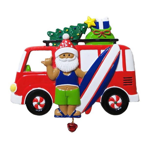 Decorative ornament with a Santa Claus figure next to a red van with Christmas trees on top, on a white background.