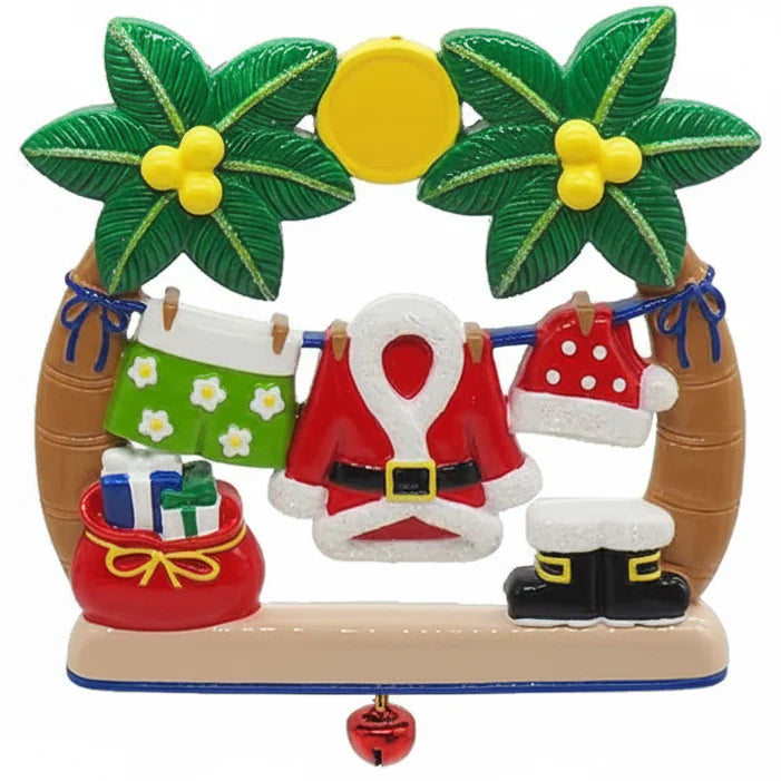 Decorative Christmas ornament with Santa Claus, palm trees, and presents against a white background