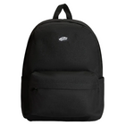 A black Vans backpack with a small white Vans logo on the front, set against a plain light gray background.