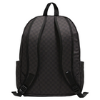 The back view of a black and dark gray checkered canvas backpack with padded shoulder straps and side pockets, set against a light gray background.