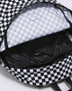Black and white checkered backpack with a visible brand logo on a light gray background
