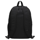 The back view of a black canvas backpack with padded shoulder straps and a top carry handle, shown against a light gray background.
