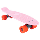 A side-angle view of a pink Penny skateboard with bright orange wheels, showcasing its compact design and smooth-rolling wheels