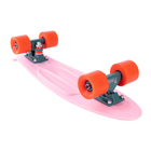  An underside view of the pink Penny skateboard, displaying the trucks, wheels, and structural details of the plastic deck