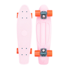  A pink Penny skateboard with orange wheels, shown from both the top and bottom views, featuring a textured grip surface and a sturdy plastic deck