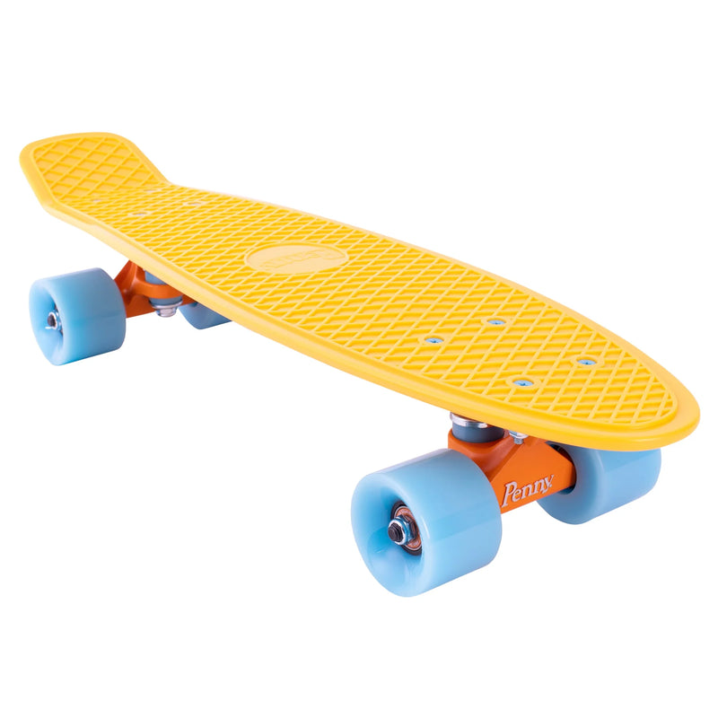  A side-angle view of a yellow Penny skateboard with sky blue wheels, showcasing its compact design and smooth-rolling wheels